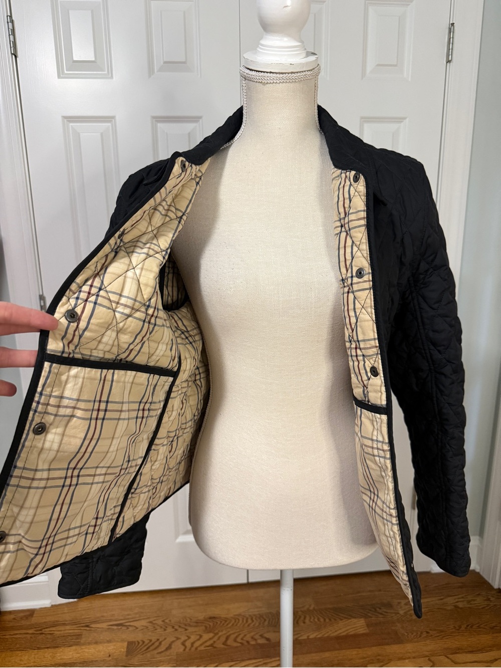 LL Bean Women's Quilted Riding Jacket Black Plaid Lined Button Front Petite L